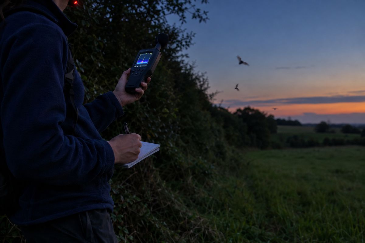 Ecologist recording bat activity with a bat detector beside a hedgerow at dusk, with bats flying overhead