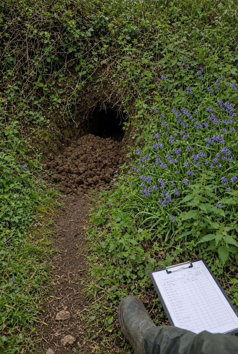 Badger sett entrance with a fresh spoil heap and a well-worn path, bluebells alongside and a survey recording sheet in the foreground