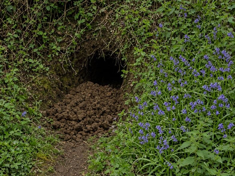 Badger sett entrance with a fresh spoil heap and a well-worn path, bluebells alongside and a survey recording sheet in the foreground