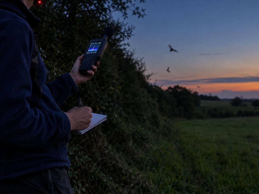 Ecologist recording bat activity with a bat detector beside a hedgerow at dusk, with bats flying overhead