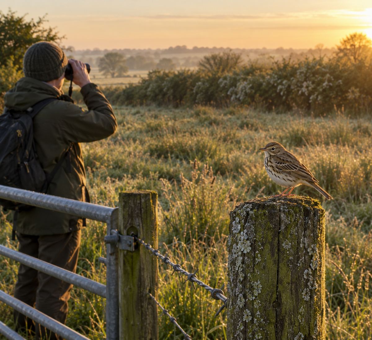 Ecologist watching through binoculars at dawn beside a field gate, with a meadow pipit perched on a fence post in the foreground